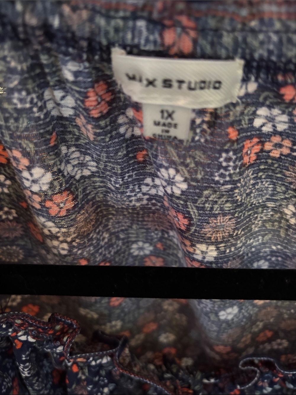 Max Studio Navy Floral Tie-Neck Top with Coral Accents - Picture 2 of 6